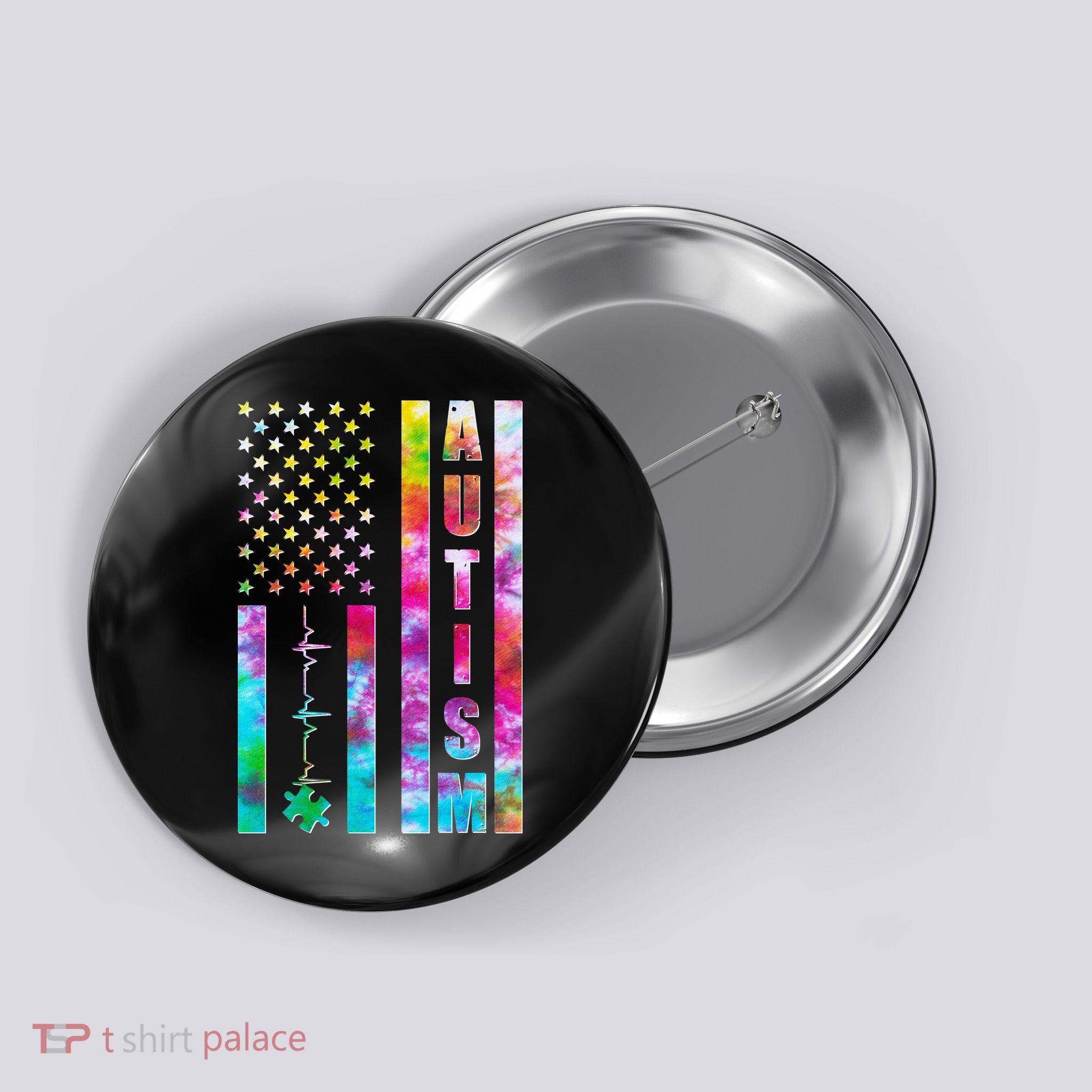 Autism Awareness Tie Dye USA American Flag Button