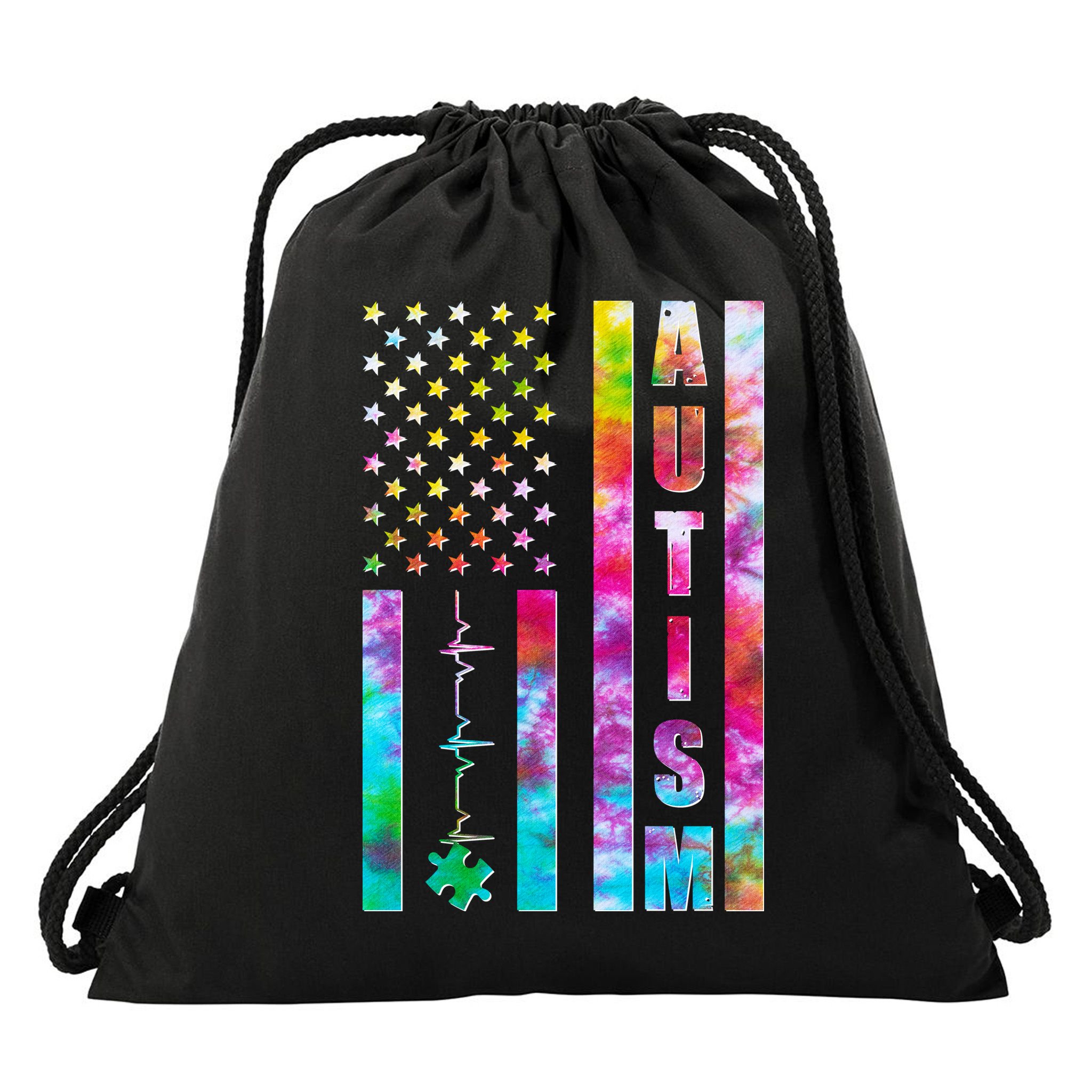 Autism Awareness Tie Dye USA American Flag Drawstring Bag