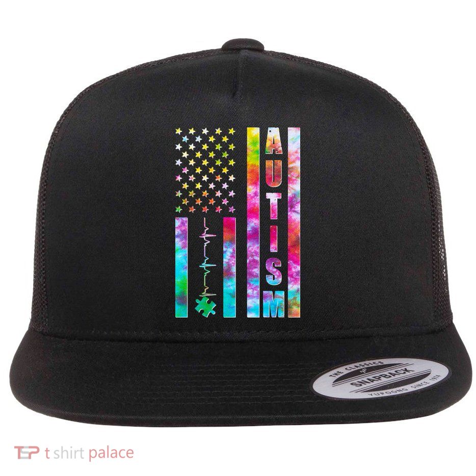 Autism Awareness Tie Dye USA American Flag Flat Bill Trucker Hat