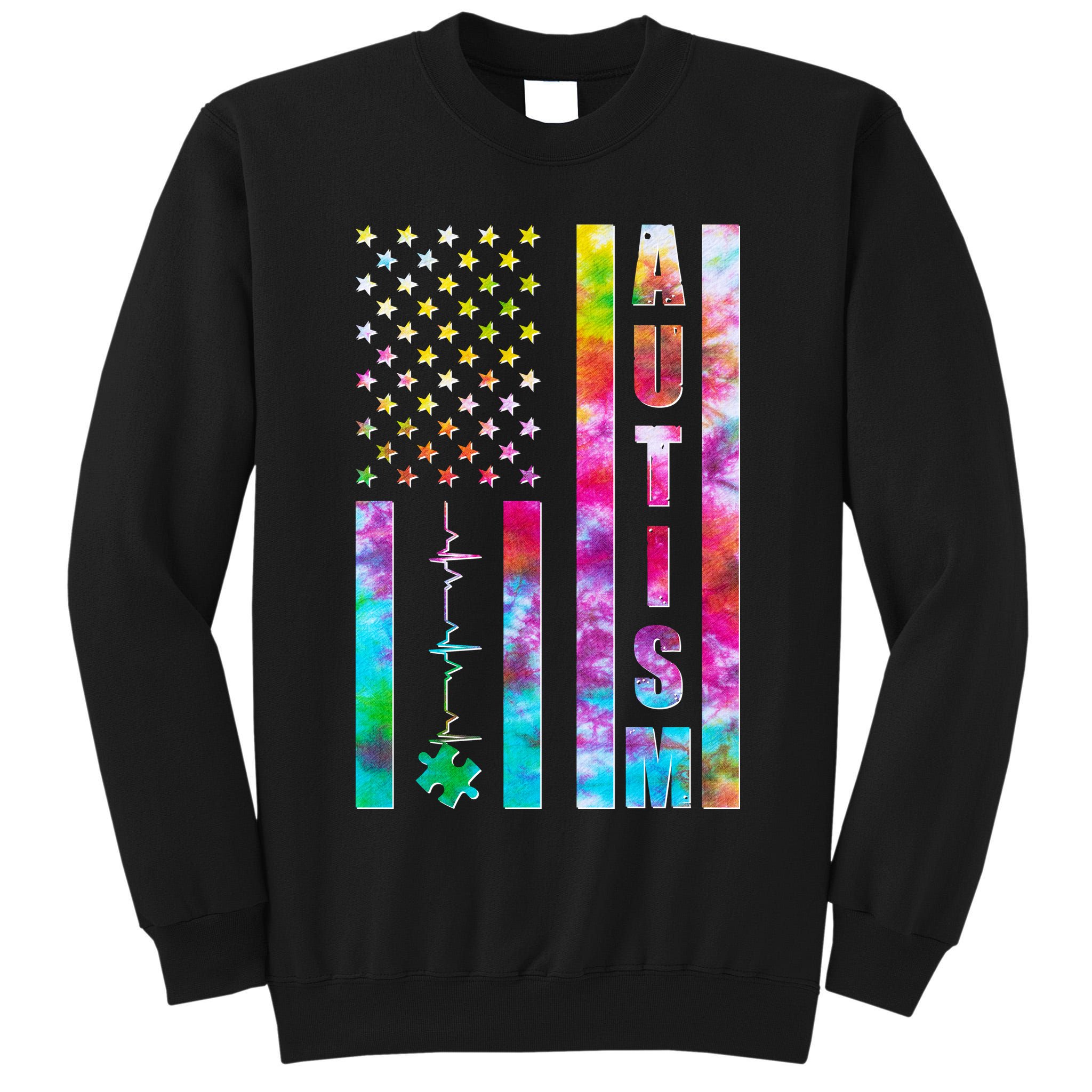 Autism Awareness Tie Dye USA American Flag Tall Sweatshirt
