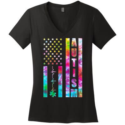 Autism Awareness Tie Dye USA American Flag Women's V-Neck T-Shirt