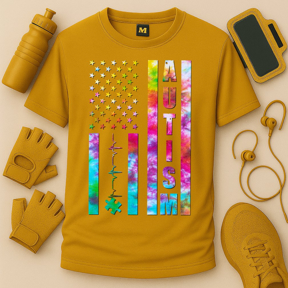 Autism Awareness Tie Dye USA American Flag Cooling Performance Crew T-Shirt