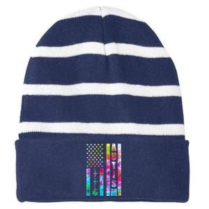 Autism Awareness Tie Dye USA American Flag Striped Beanie with Solid Band