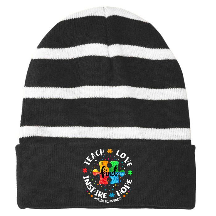 Autism Awareness Teacher Teach Hope Love Inspire Striped Beanie with Solid Band