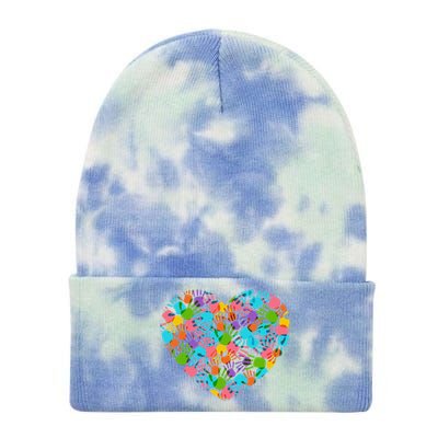 Autism Awareness Teacher Hand Print Heart Love Tee Tie Dye 12in Knit Beanie