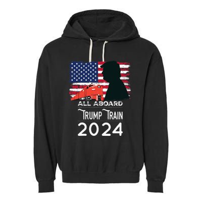 All Aboard Trump Train 2024 American Flag Garment-Dyed Fleece Hoodie