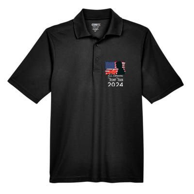 All Aboard Trump Train 2024 American Flag Men's Origin Performance Piqué Polo