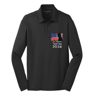 All Aboard Trump Train 2024 American Flag Silk Touch Performance Long Sleeve Polo