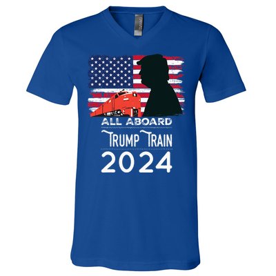 All Aboard Trump Train 2024 American Flag V-Neck T-Shirt