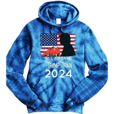 All Aboard Trump Train 2024 American Flag Tie Dye Hoodie