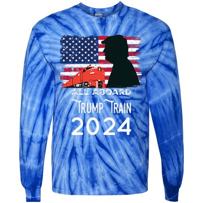 All Aboard Trump Train 2024 American Flag Tie-Dye Long Sleeve Shirt