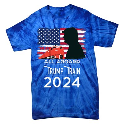 All Aboard Trump Train 2024 American Flag Tie-Dye T-Shirt