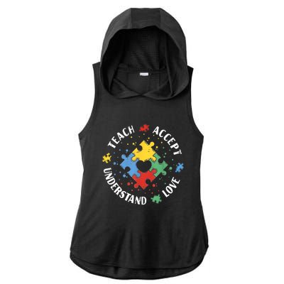 Autism Awareness Teacher Teach Accept Understand Love Ladies PosiCharge Tri-Blend Wicking Draft Hoodie Tank