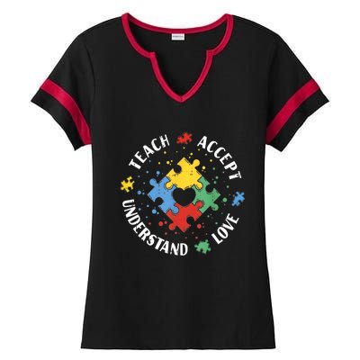 Autism Awareness Teacher Teach Accept Understand Love Ladies Halftime Notch Neck Tee