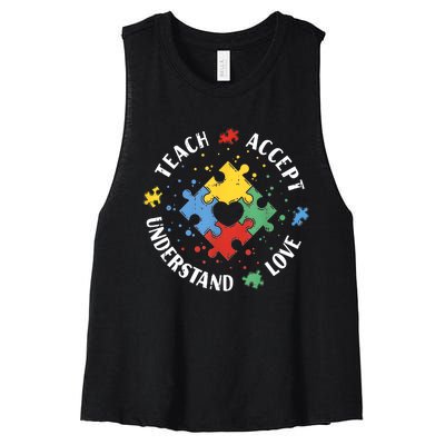 Autism Awareness Teacher Teach Accept Understand Love Women's Racerback Cropped Tank