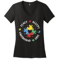 Autism Awareness Teacher Teach Accept Understand Love Women's V-Neck T-Shirt