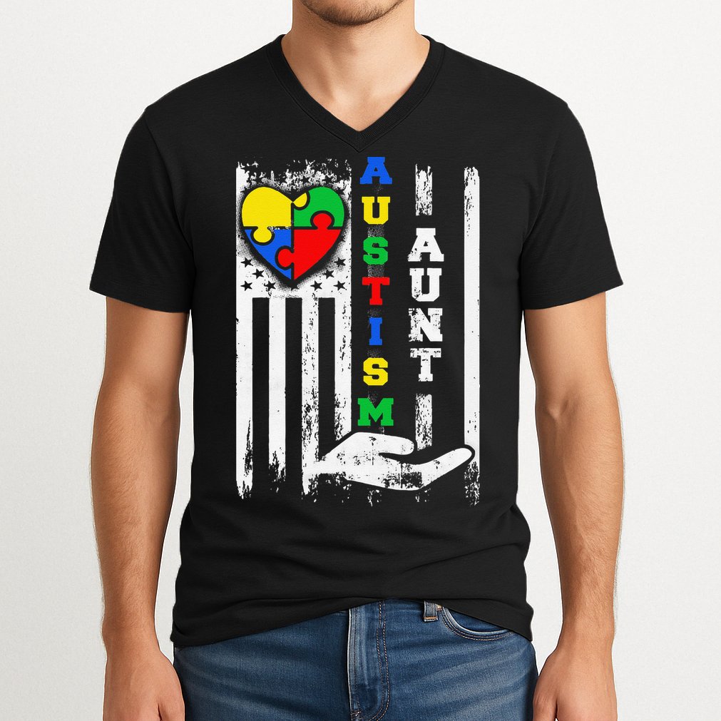 Autism Aunt US Flag V-Neck T-Shirt