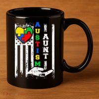 Autism Aunt US Flag 11oz C Handle Ceramic Mug