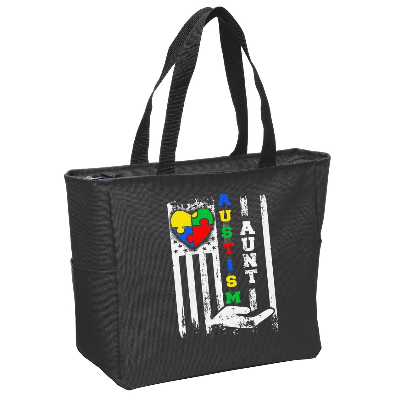 Autism Aunt US Flag Zip Tote Bag
