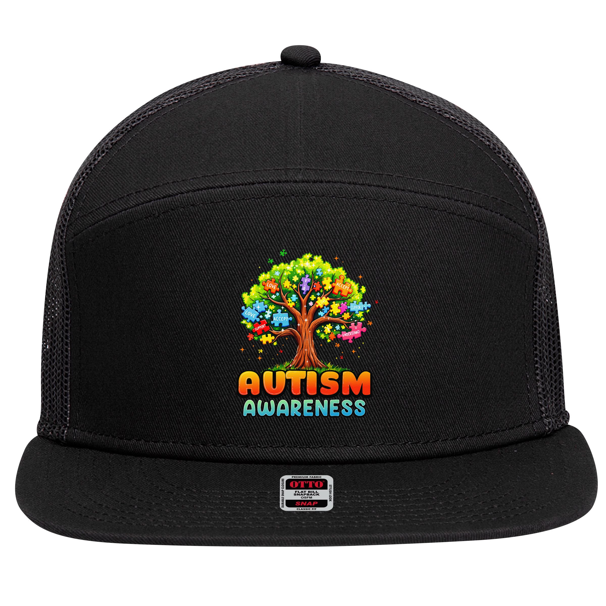 Autism Accept Understand Love Autism Awareness Tree Teacher 7 Panel Mesh Trucker Snapback Hat