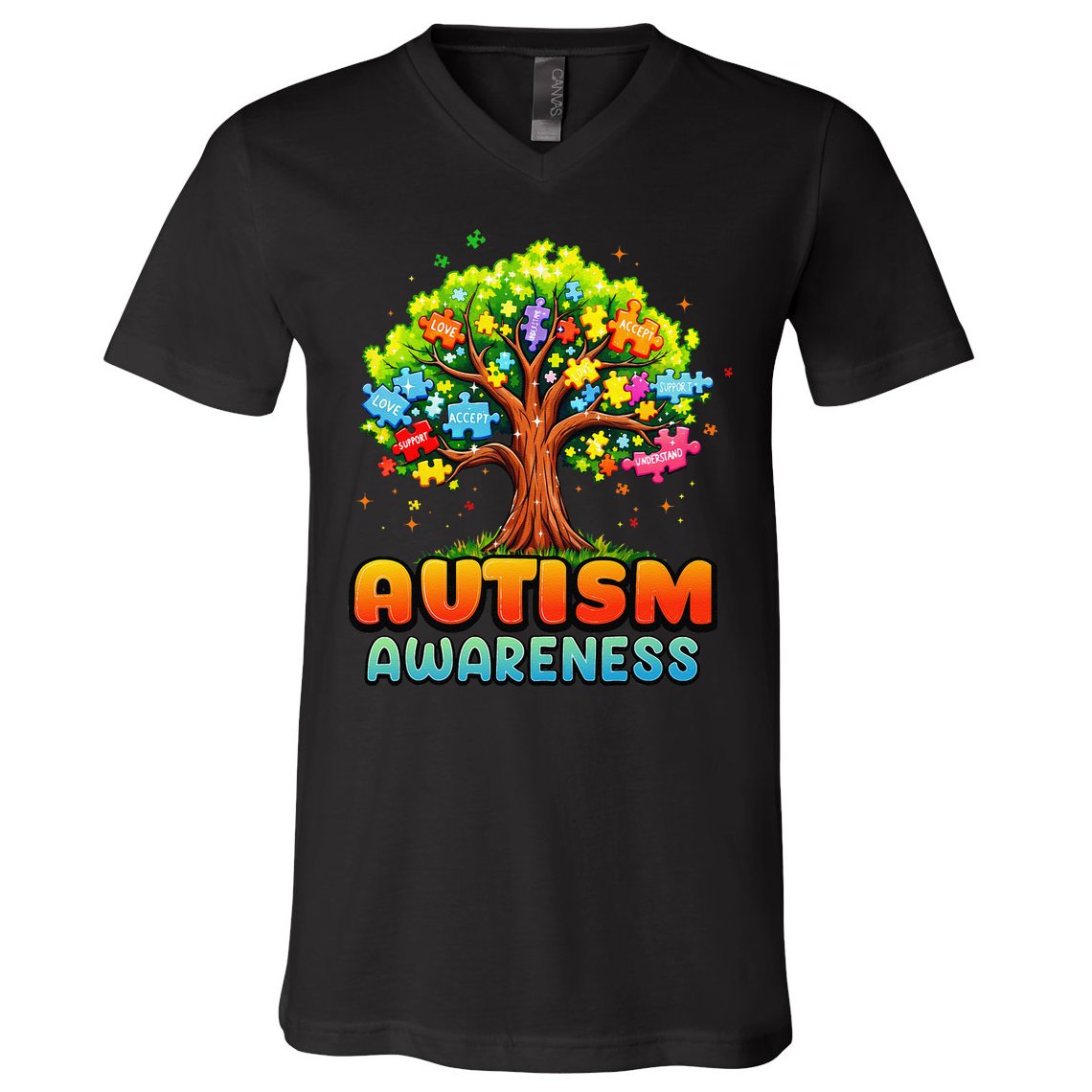 Autism Accept Understand Love Autism Awareness Tree Teacher V-Neck T-Shirt