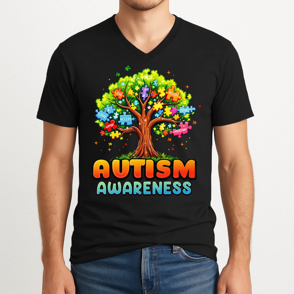 Autism Accept Understand Love Autism Awareness Tree Teacher V-Neck T-Shirt