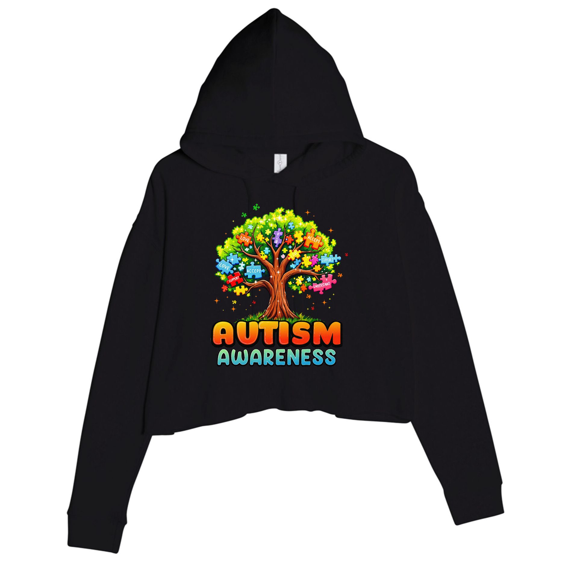 Autism Accept Understand Love Autism Awareness Tree Teacher Crop Fleece Hoodie