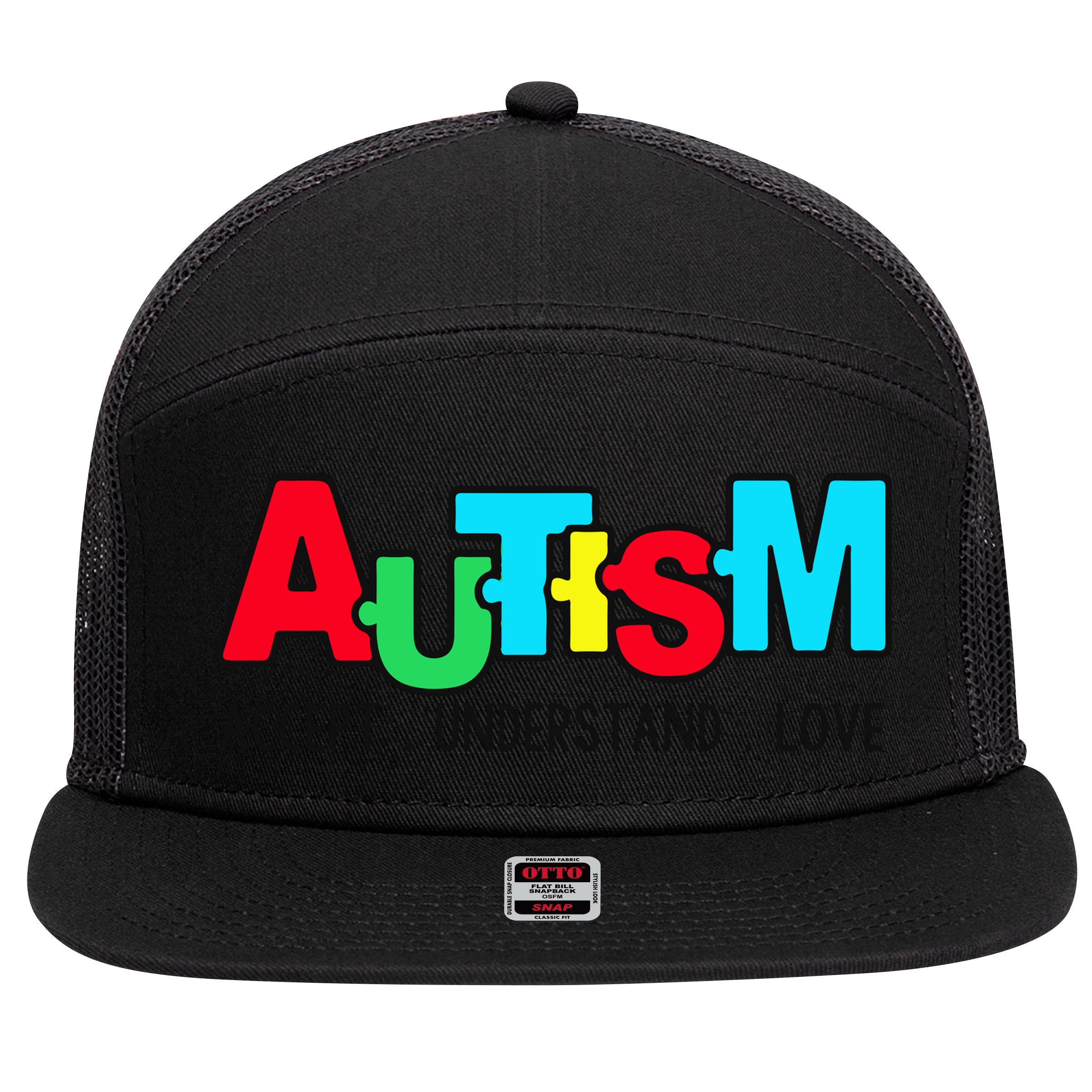 Autism, Accept Understand Love, Autism Awareness 7 Panel Mesh Trucker Snapback Hat