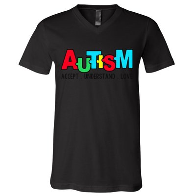 Autism, Accept Understand Love, Autism Awareness V-Neck T-Shirt