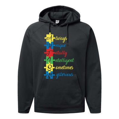 Autism Always Unique Totally Intelligent Sometimes Mysterious Autism Awareness Performance Fleece Hoodie