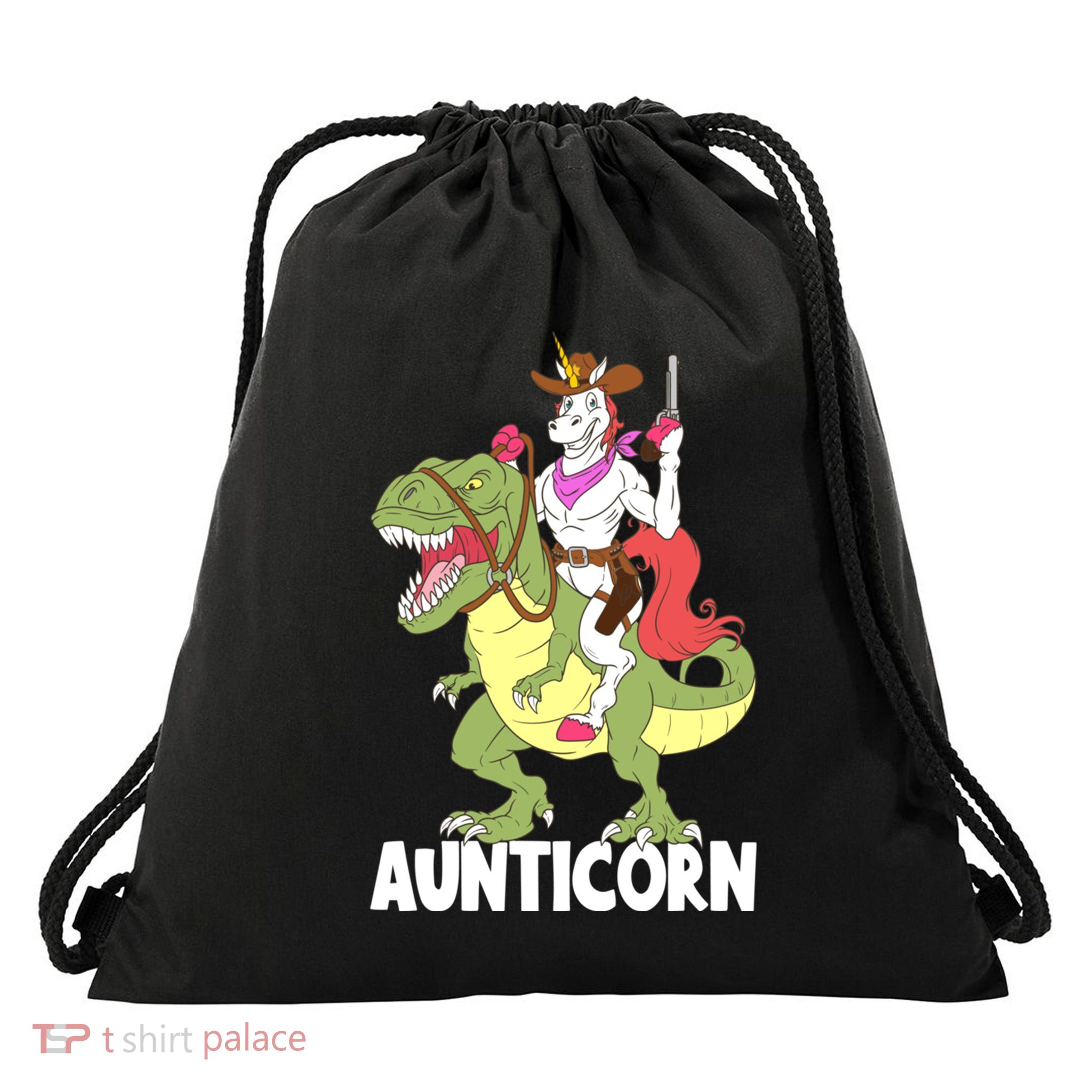 Aunticorn Aunt Unicorn Riding Trex Dinosaur Cow Sheriff Gift Drawstring Bag