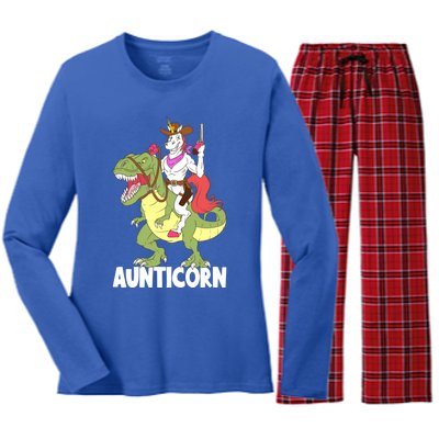 Aunticorn Aunt Unicorn Riding Trex Dinosaur Cow Sheriff Gift Women's Long Sleeve Flannel Pajama Set 