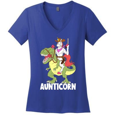 Aunticorn Aunt Unicorn Riding Trex Dinosaur Cow Sheriff Gift Women's V-Neck T-Shirt