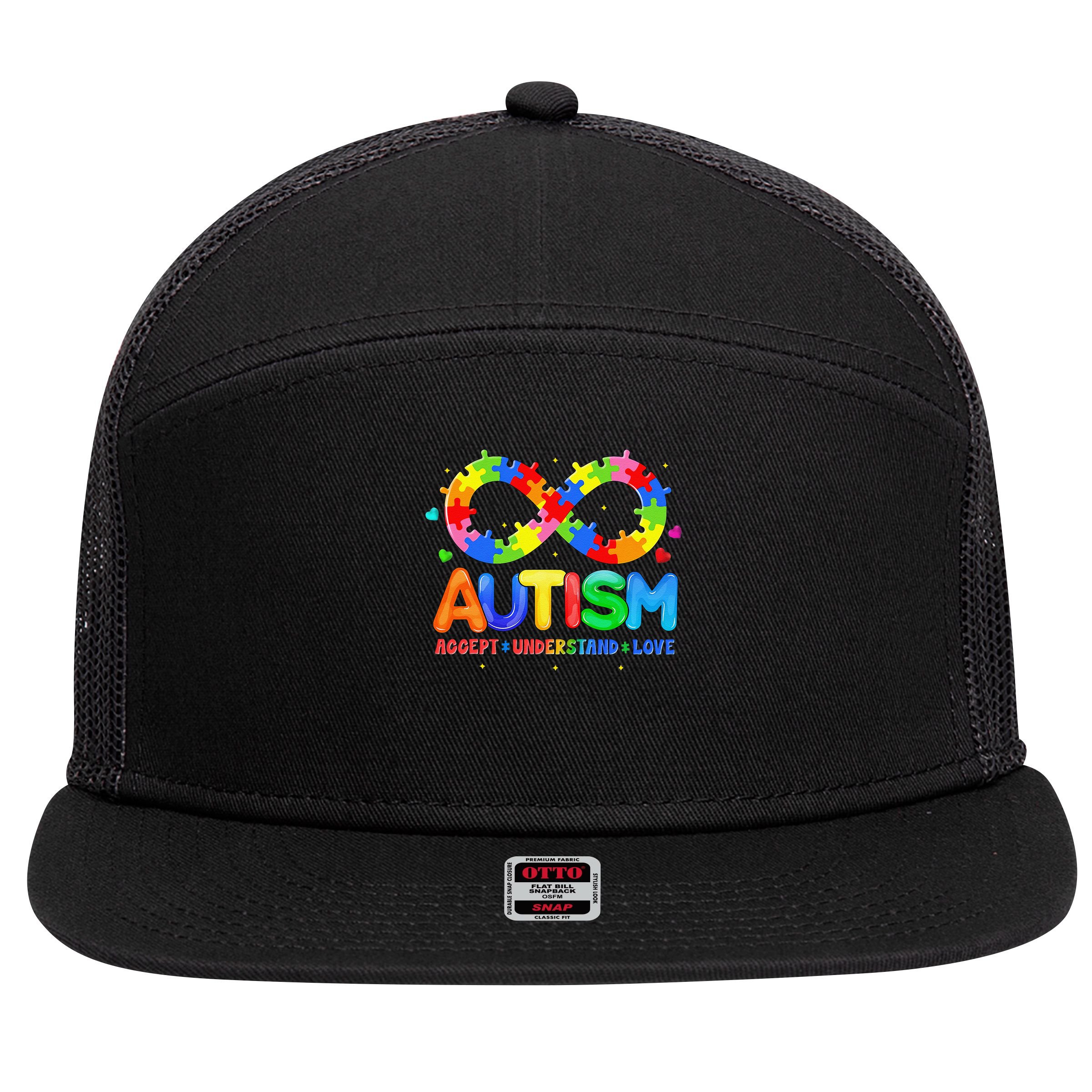 Autism Accept Understand Love Autism Awareness 7 Panel Mesh Trucker Snapback Hat