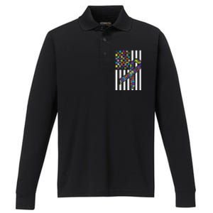 Autism Awareness US Flag Puzzle Disability Week Gift Performance Long Sleeve Polo