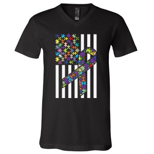 Autism Awareness US Flag Puzzle Disability Week Gift V-Neck T-Shirt