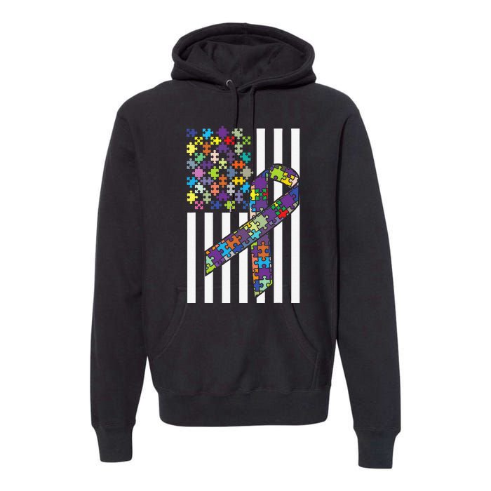 Autism Awareness US Flag Puzzle Disability Week Gift Premium Hoodie