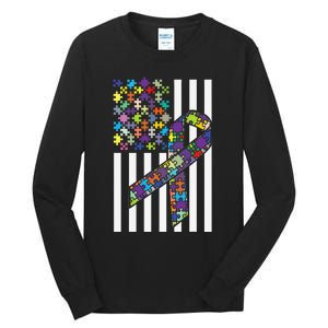 Autism Awareness US Flag Puzzle Disability Week Gift Tall Long Sleeve T-Shirt