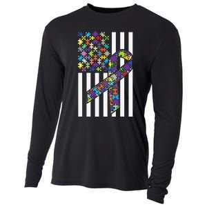 Autism Awareness US Flag Puzzle Disability Week Gift Cooling Performance Long Sleeve Crew