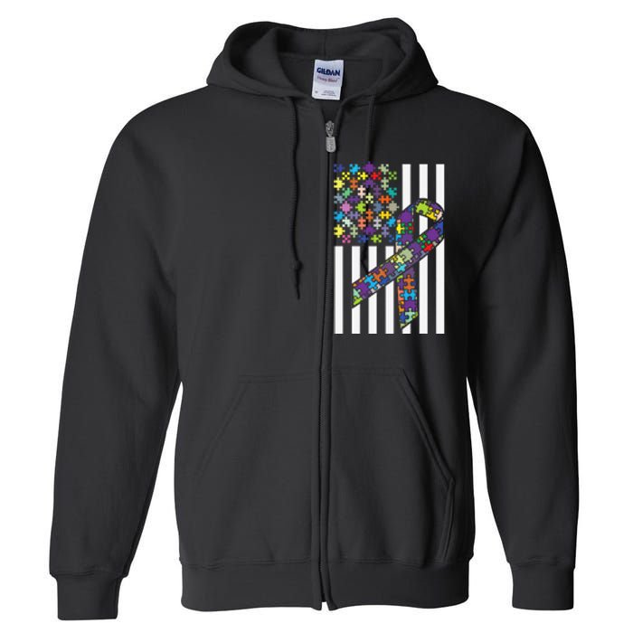 Autism Awareness US Flag Puzzle Disability Week Gift Full Zip Hoodie