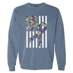 Autism Awareness US Flag Puzzle Disability Week Gift Garment-Dyed Sweatshirt