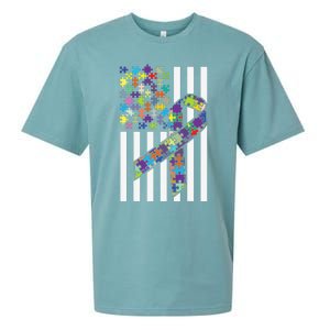 Autism Awareness US Flag Puzzle Disability Week Gift Sueded Cloud Jersey T-Shirt