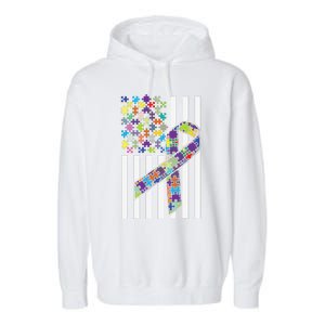 Autism Awareness US Flag Puzzle Disability Week Gift Garment-Dyed Fleece Hoodie