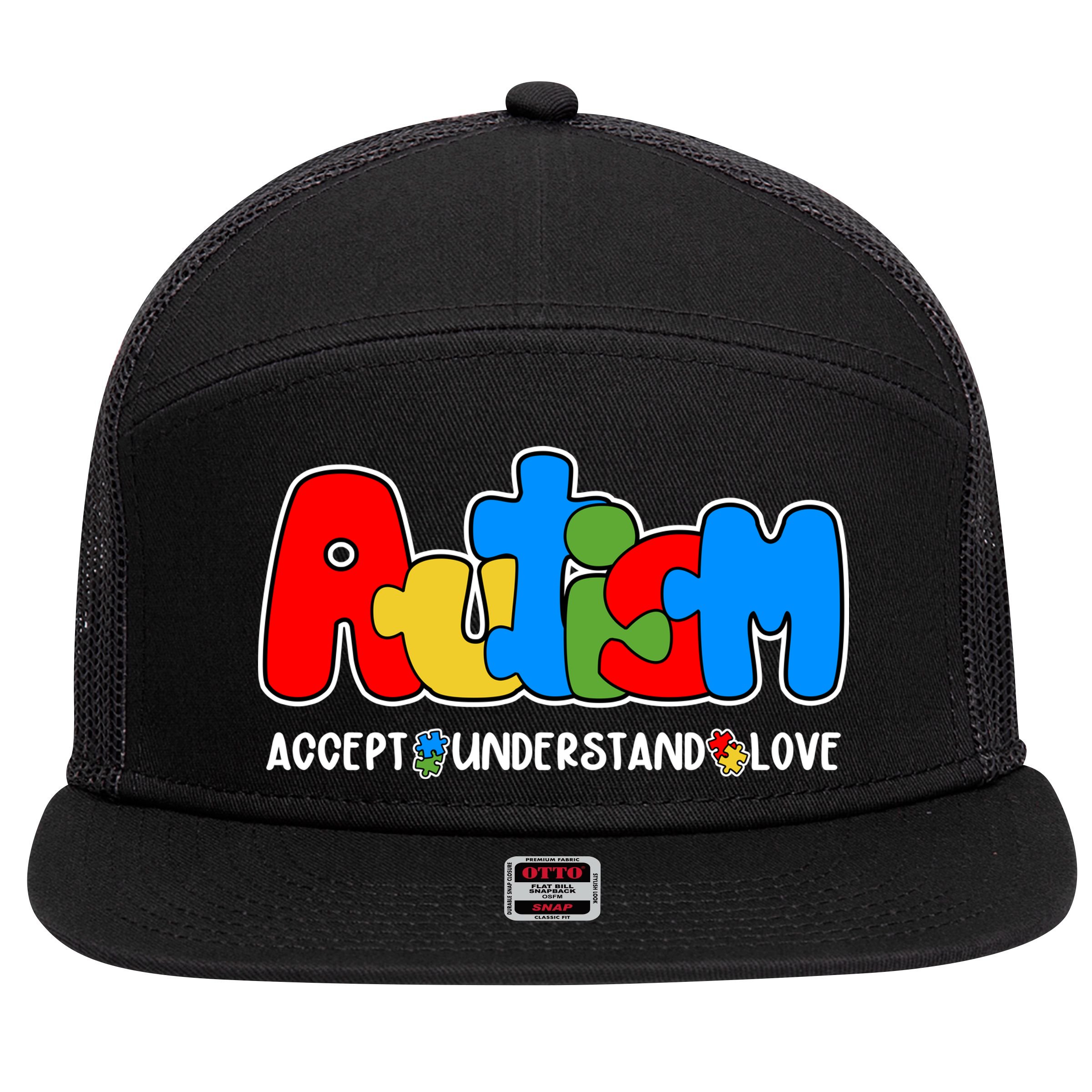 Autism Accept Understand Love Awareness 7 Panel Mesh Trucker Snapback Hat