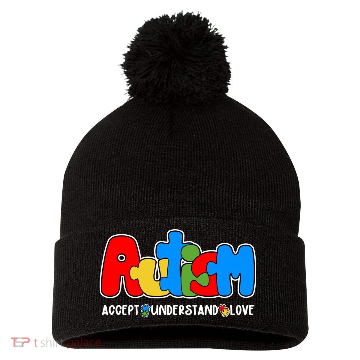 Autism Accept Understand Love Awareness Pom Pom 12in Knit Beanie