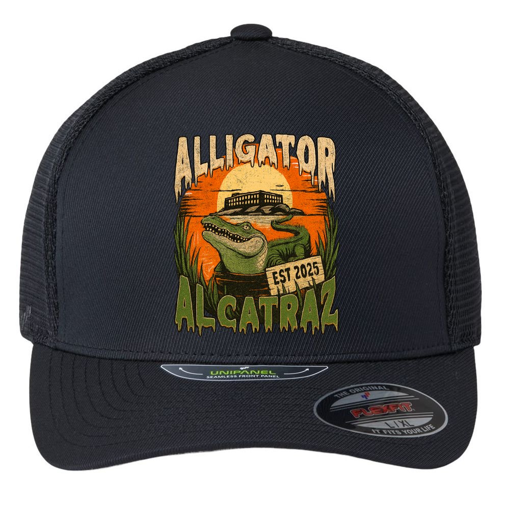 Alligator Alcatraz Vintage Gator Est 2025 Flexfit Unipanel Trucker Cap