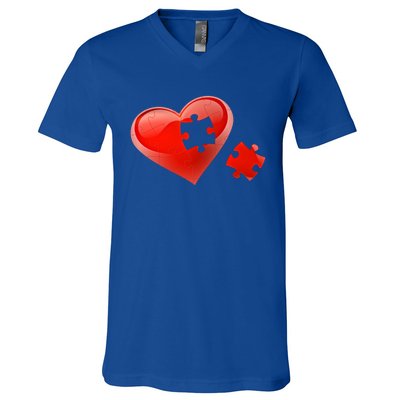 Autism Awareness Valentines Day Love Heart Puzzle Piece Gift V-Neck T-Shirt