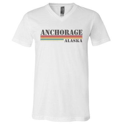 Anchorage Alaska Vintage Retro Stripes Classic V-Neck T-Shirt