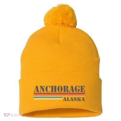 Anchorage Alaska Vintage Retro Stripes Classic Pom Pom 12in Knit Beanie