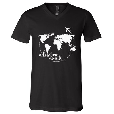 Adventure Awaits World Map for Travel Vacations V-Neck T-Shirt